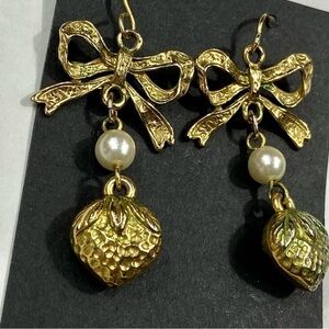 Vintage gold strawberries, bows and pearls dangle earrings